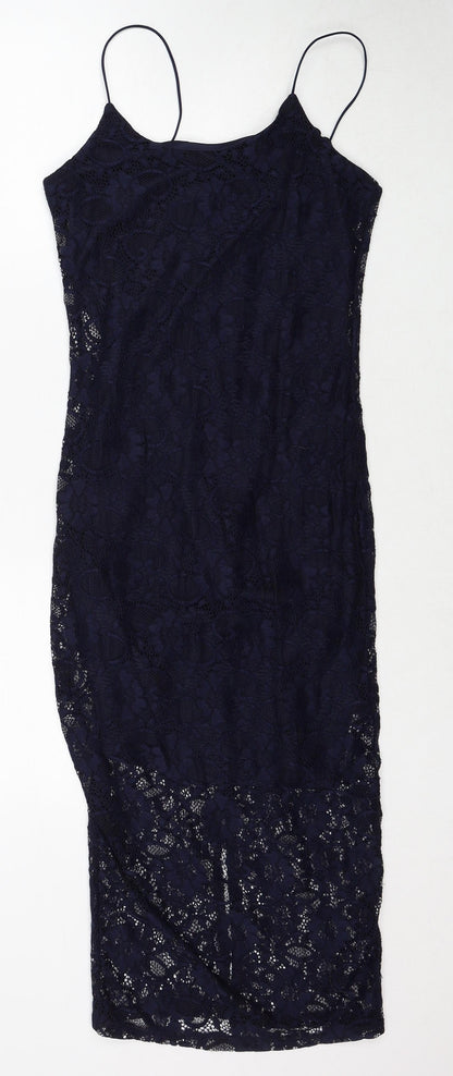 New Look Womens Blue Polyamide Slip Dress Size 8 Round Neck Zip