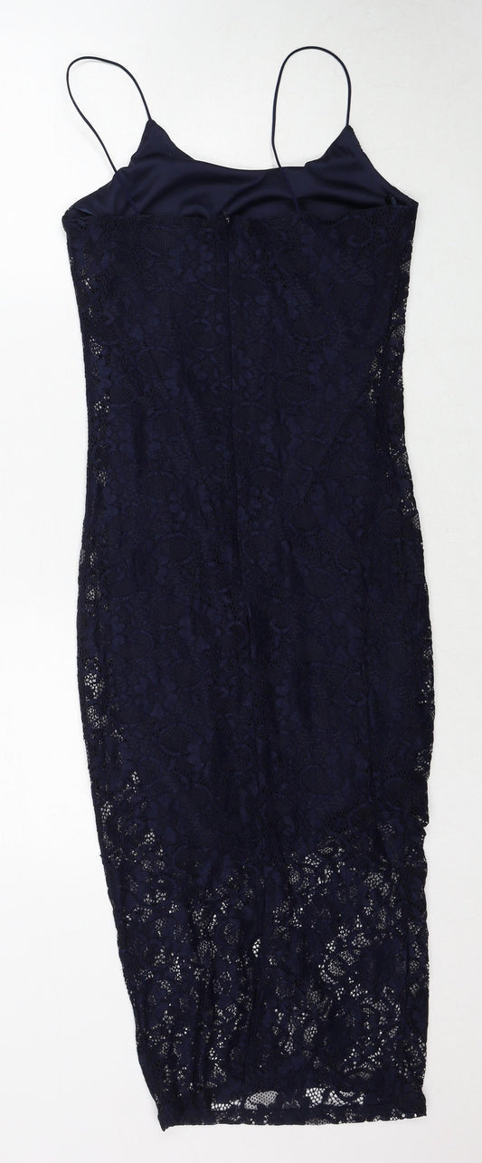 New Look Womens Blue Polyamide Slip Dress Size 8 Round Neck Zip