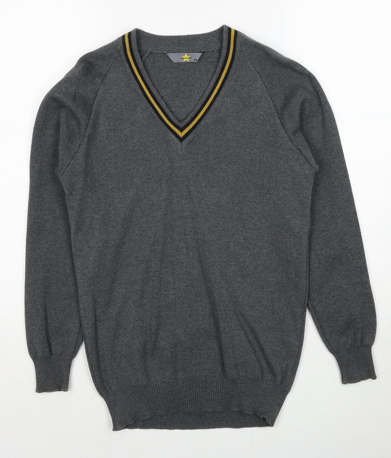 MagicFit Mens Grey V-Neck Cotton Pullover Jumper Size S Long Sleeve