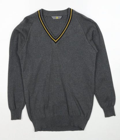 MagicFit Mens Grey V-Neck Cotton Pullover Jumper Size S Long Sleeve