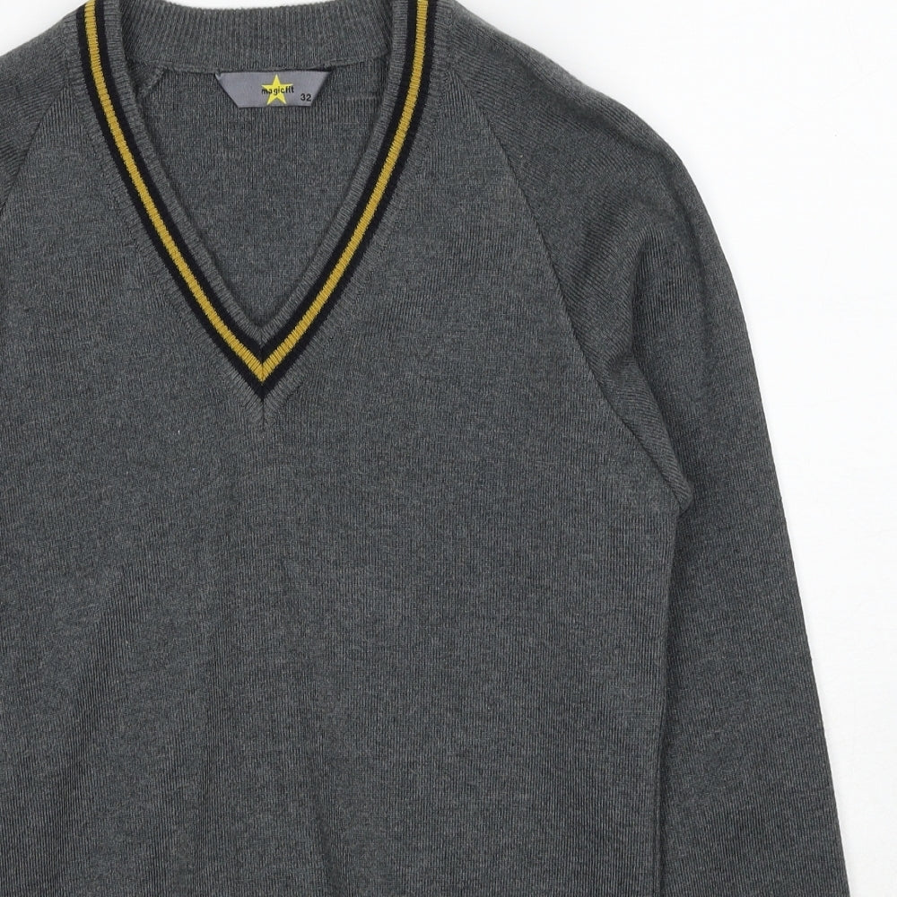 MagicFit Mens Grey V-Neck Cotton Pullover Jumper Size S Long Sleeve