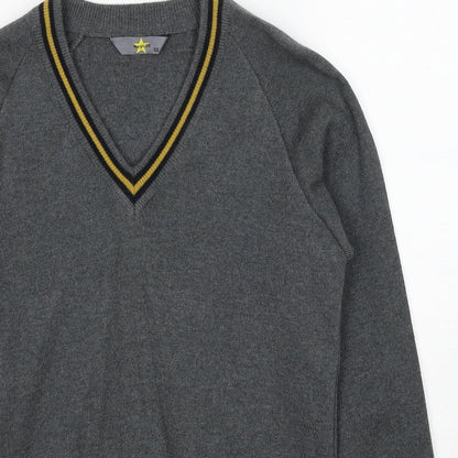 MagicFit Mens Grey V-Neck Cotton Pullover Jumper Size S Long Sleeve