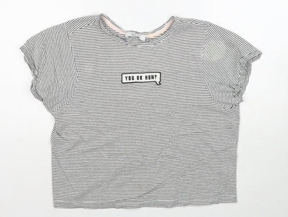 New Look Girls Black Striped Cotton Basic T-Shirt Size M Round Neck Pullover - You Ok Hun?