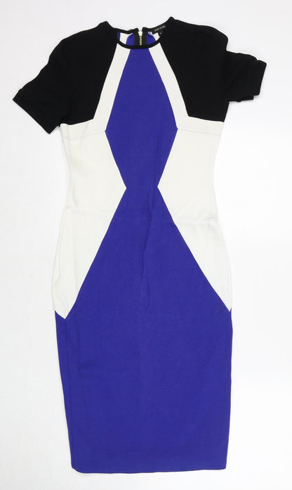 River Island Womens Multicoloured Colourblock Viscose Pencil Dress Size 8 Round Neck Zip
