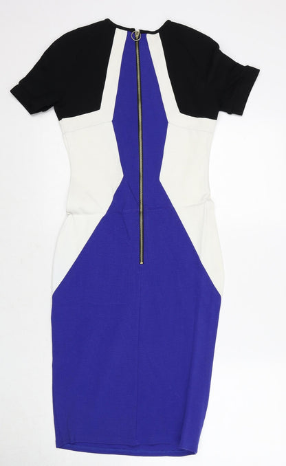 River Island Womens Multicoloured Colourblock Viscose Pencil Dress Size 8 Round Neck Zip