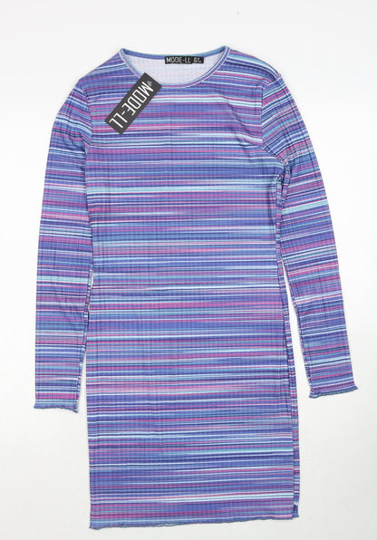 Mode-ll Womens Purple Striped Polyester A-Line Size 12 Round Neck