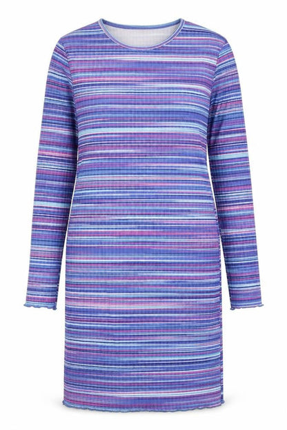Mode-ll Womens Purple Striped Polyester A-Line Size 12 Round Neck