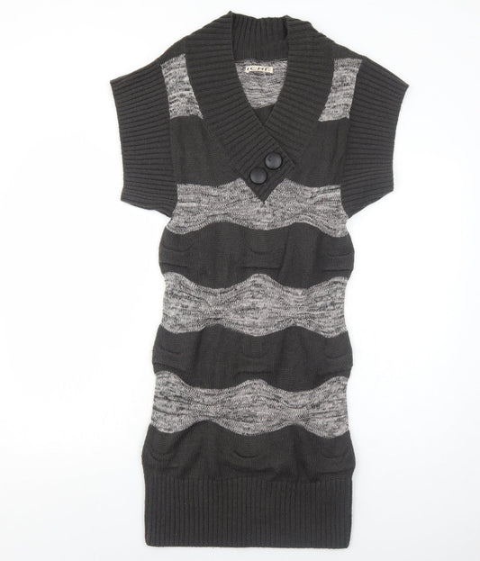 ICHI Womens Grey Fair Isle Acrylic Jumper Dress Size S V-Neck Pullover