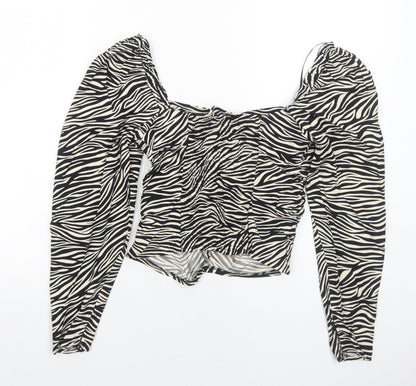 H&M Womens Black Animal Print Viscose Basic Blouse Size 8 Square Neck - Tiger Pattern