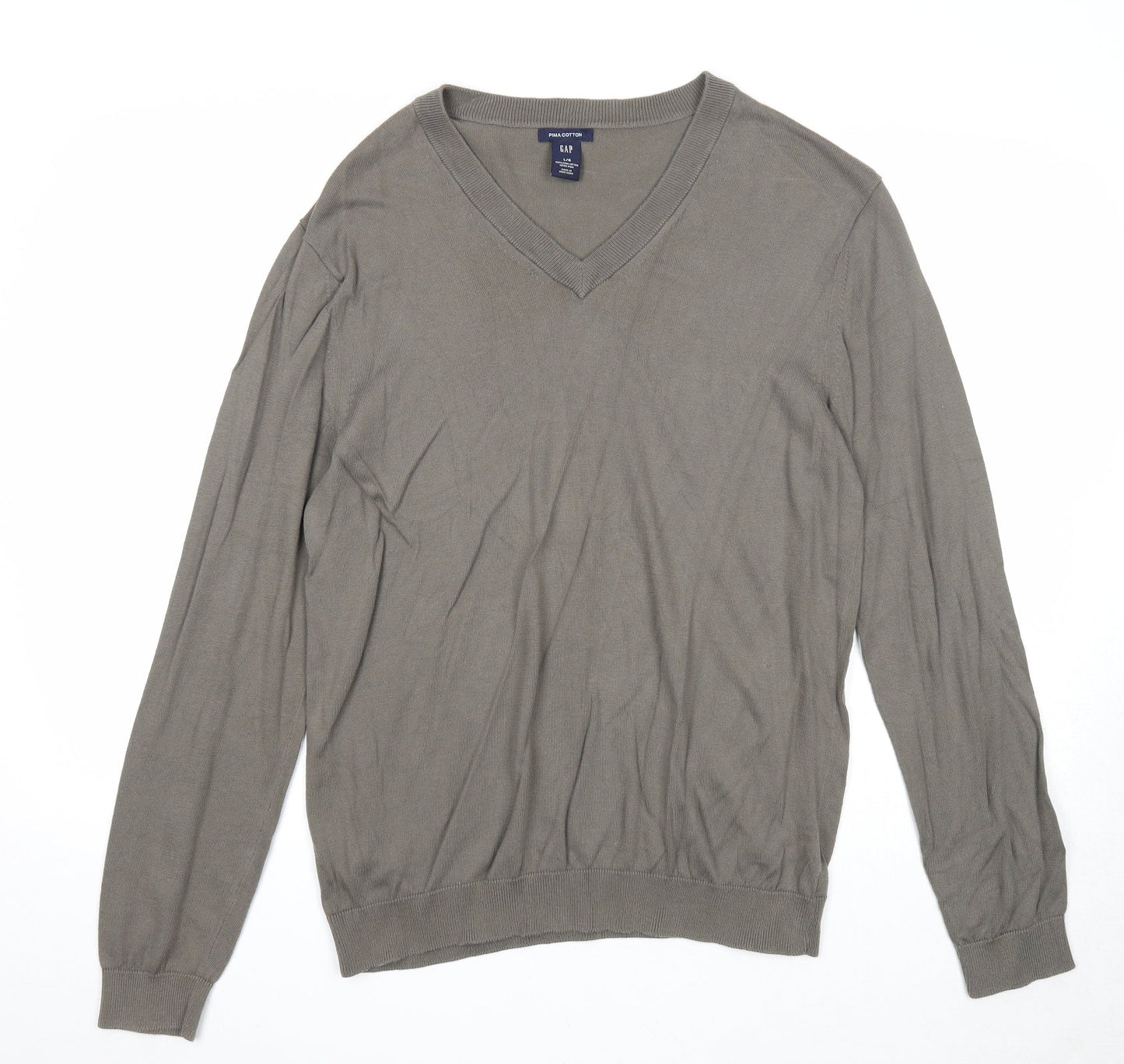 Gap Mens Green V-Neck Cotton Pullover Jumper Size L Long Sleeve