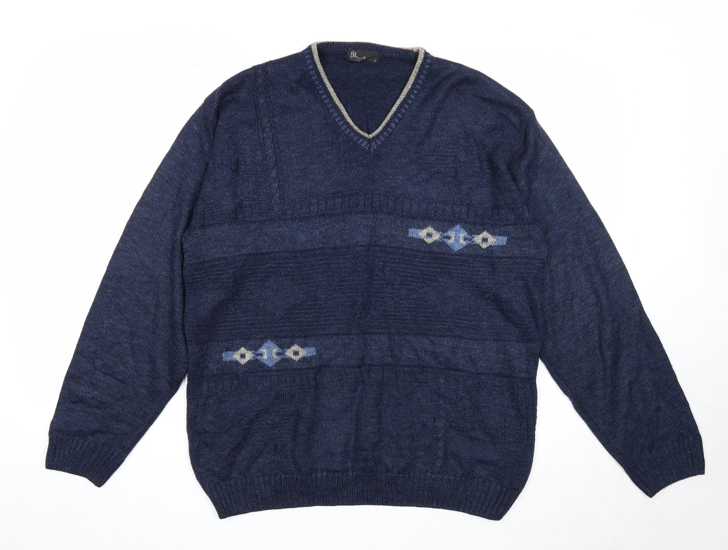 BHS Mens Blue V-Neck Acrylic Pullover Jumper Size S Long Sleeve