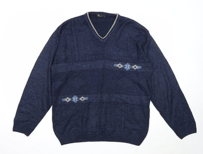 BHS Mens Blue V-Neck Acrylic Pullover Jumper Size S Long Sleeve