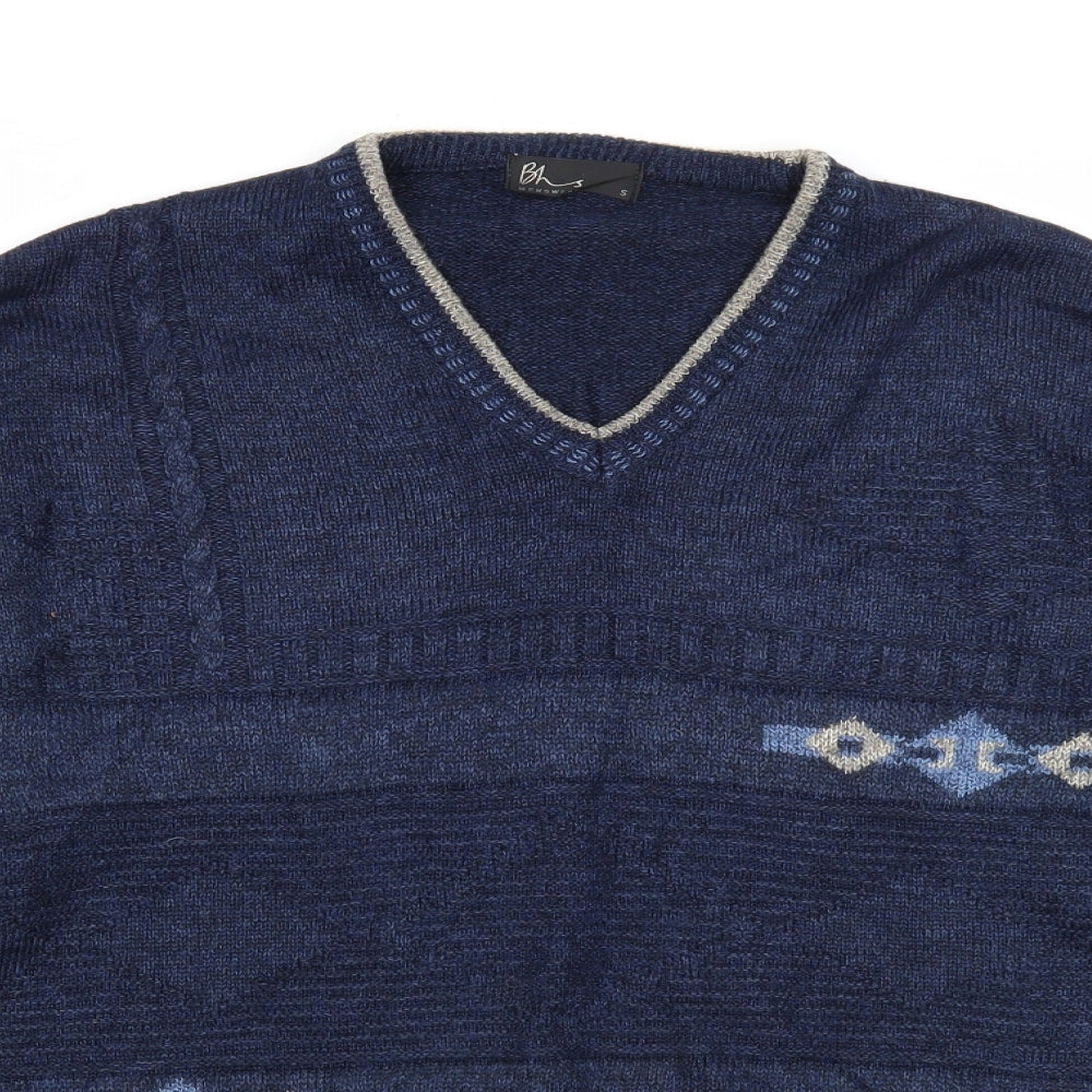 BHS Mens Blue V-Neck Acrylic Pullover Jumper Size S Long Sleeve
