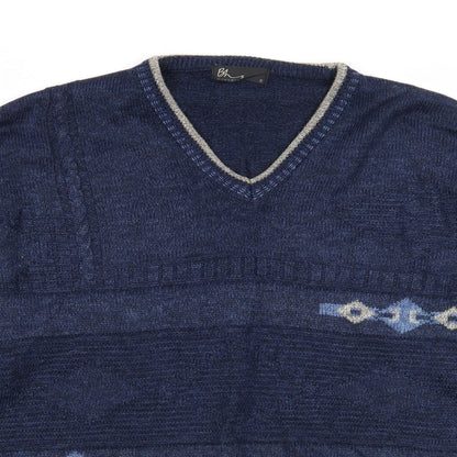 BHS Mens Blue V-Neck Acrylic Pullover Jumper Size S Long Sleeve