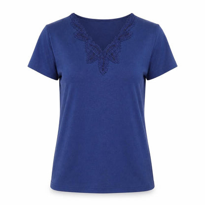 //text.. Womens Blue Polyester Basic T-Shirt Size M V-Neck - Leaf Embroidery