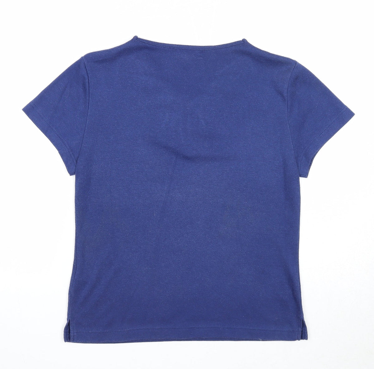 //text.. Womens Blue Polyester Basic T-Shirt Size M V-Neck - Leaf Embroidery
