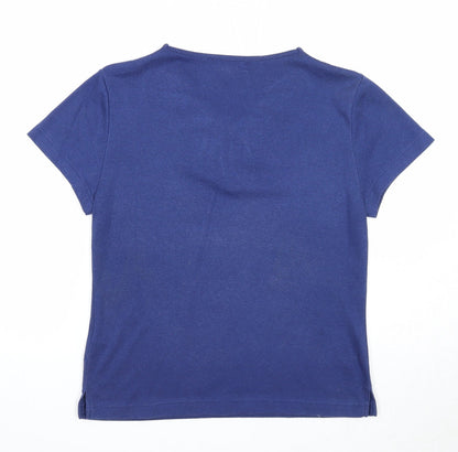 //text.. Womens Blue Polyester Basic T-Shirt Size M V-Neck - Leaf Embroidery
