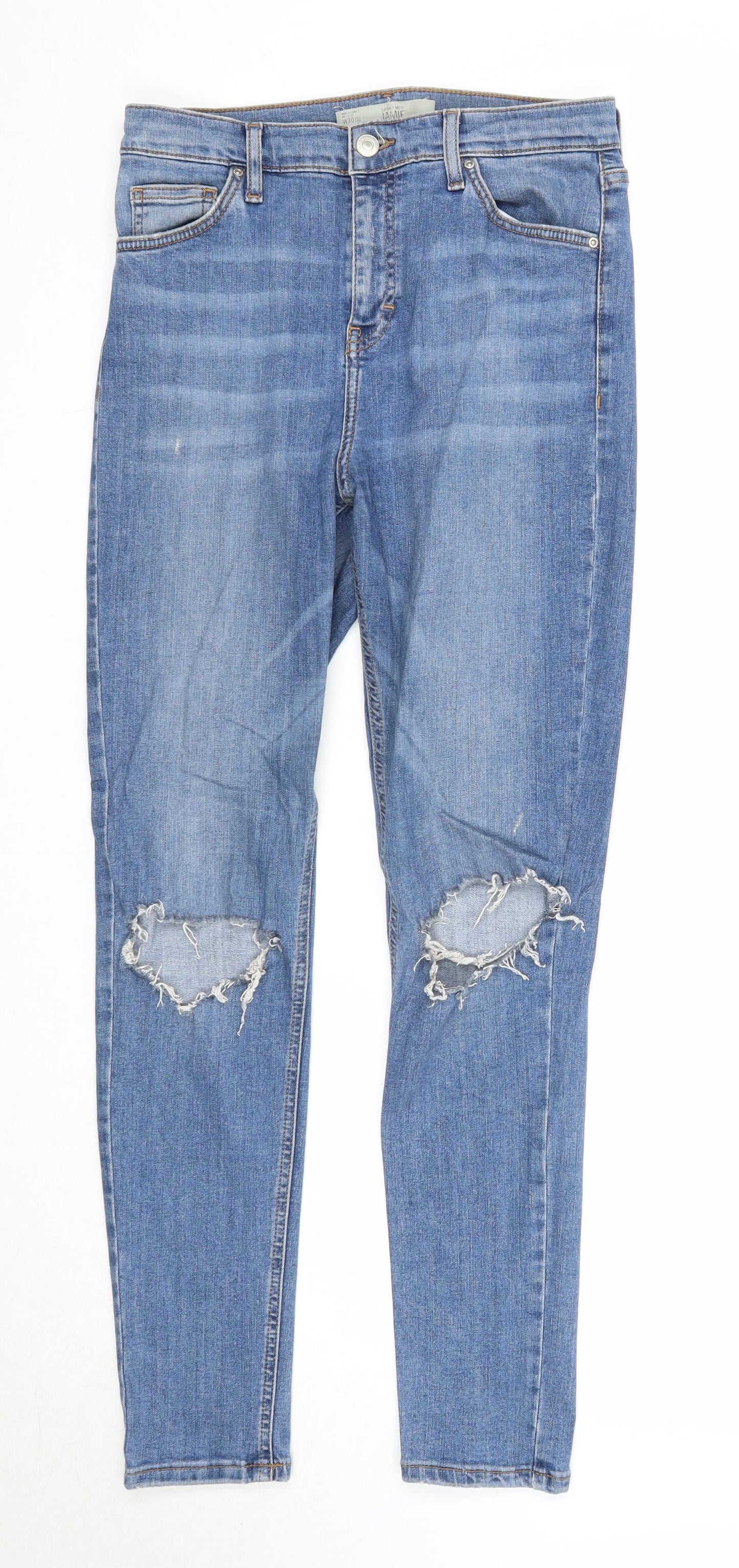 Topshop Womens Blue Herringbone Cotton Straight Jeans Size 30 in L32 in Regular Zip - Distressed