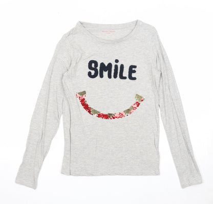 Monoprix Girls Grey Cotton Basic T-Shirt Size 14 Years Round Neck Pullover - Smile