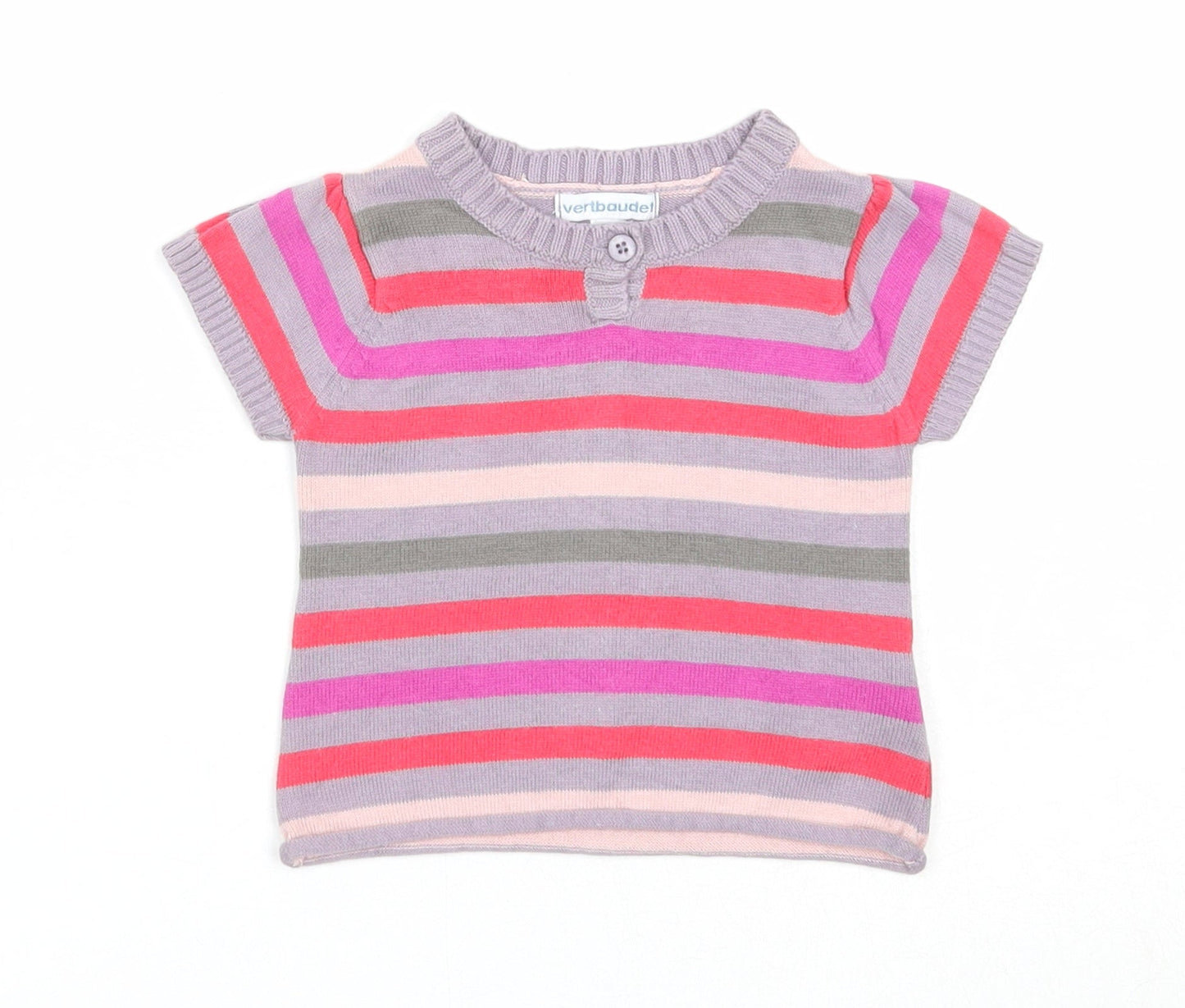 Vertbaudet Girls Multicoloured Striped Cotton Basic T-Shirt Size 3-6 Months Round Neck Button