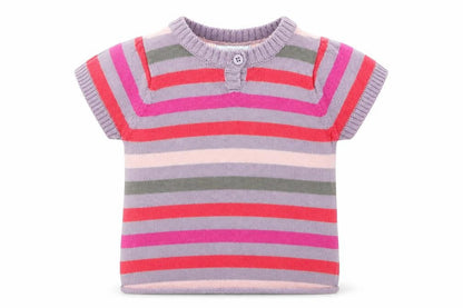 Vertbaudet Girls Multicoloured Striped Cotton Basic T-Shirt Size 3-6 Months Round Neck Button