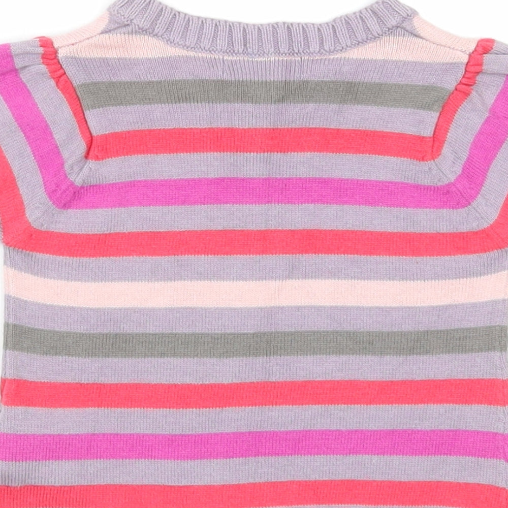 Vertbaudet Girls Multicoloured Striped Cotton Basic T-Shirt Size 3-6 Months Round Neck Button