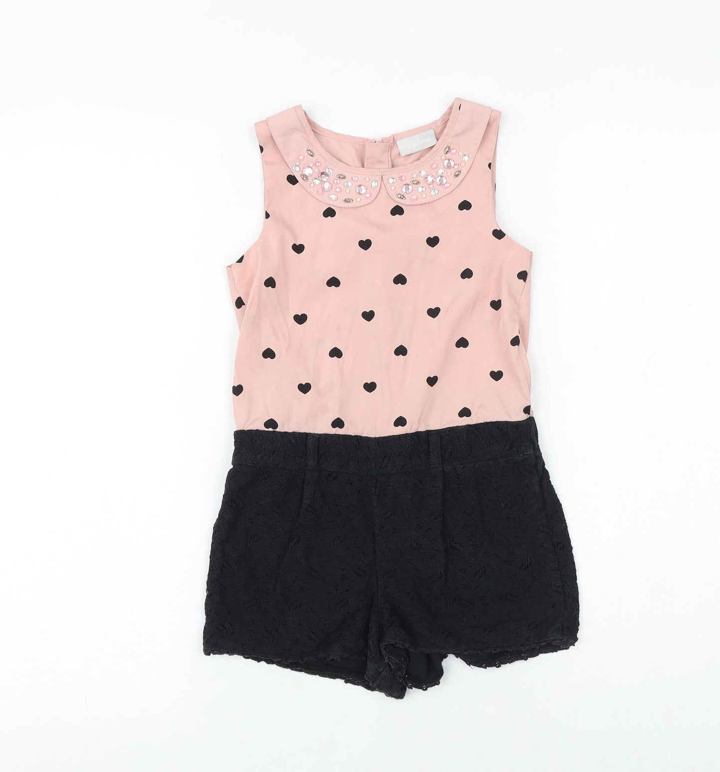 NEXT Girls Pink Geometric Cotton Romper One-Piece Size 7 Years Zip - Heart Pattern