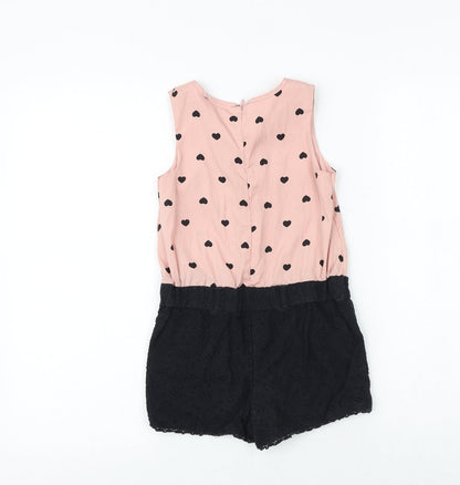 NEXT Girls Pink Geometric Cotton Romper One-Piece Size 7 Years Zip - Heart Pattern