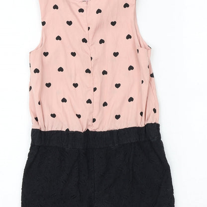 NEXT Girls Pink Geometric Cotton Romper One-Piece Size 7 Years Zip - Heart Pattern