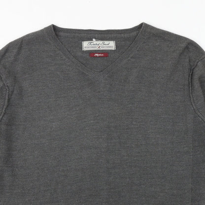 Twisted Soul Mens Grey V-Neck Acrylic Pullover Jumper Size M Long Sleeve