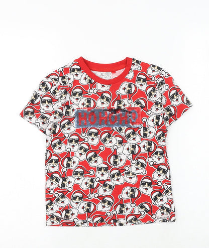 NEXT Boys Red Geometric 100% Cotton Basic T-Shirt Size 4 Years Round Neck Pullover - Father Christmas