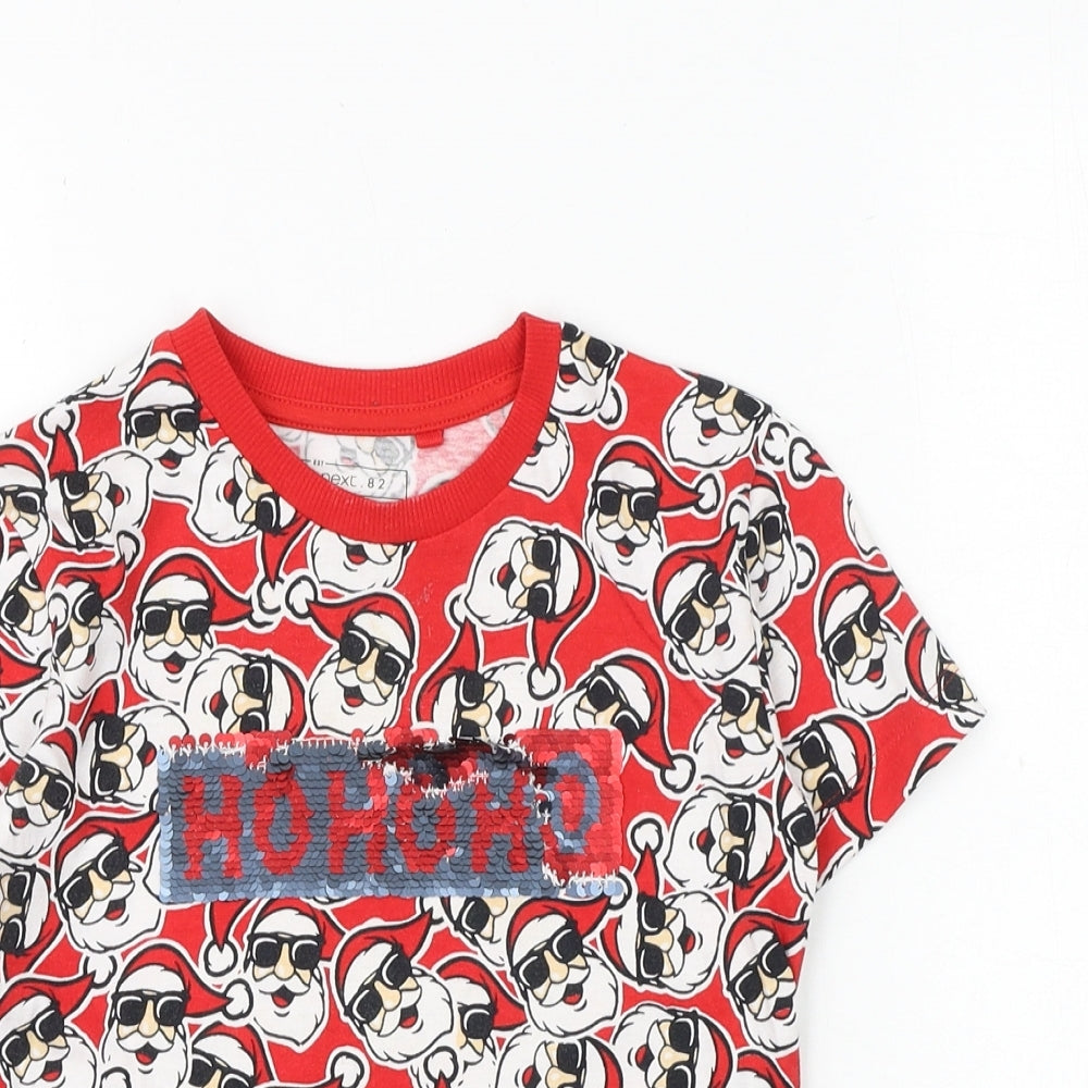 NEXT Boys Red Geometric 100% Cotton Basic T-Shirt Size 4 Years Round Neck Pullover - Father Christmas
