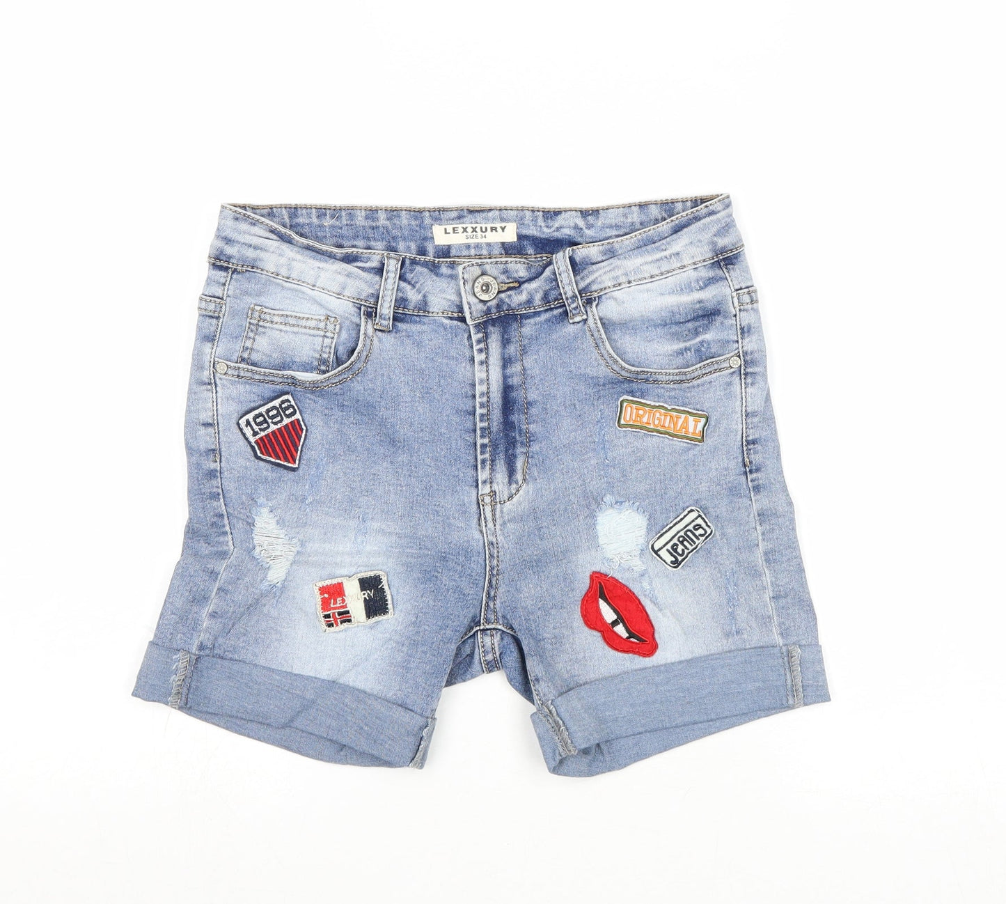 Lexxury Womens Blue Cotton Boyfriend Shorts Size 6 Regular Zip