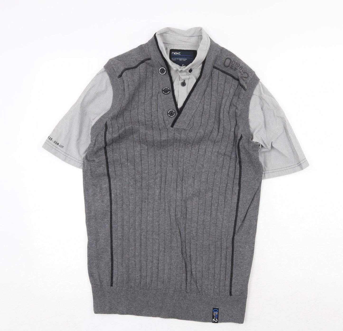 NEXT Mens Grey Collared Cotton Pullover Jumper Size S Short Sleeve