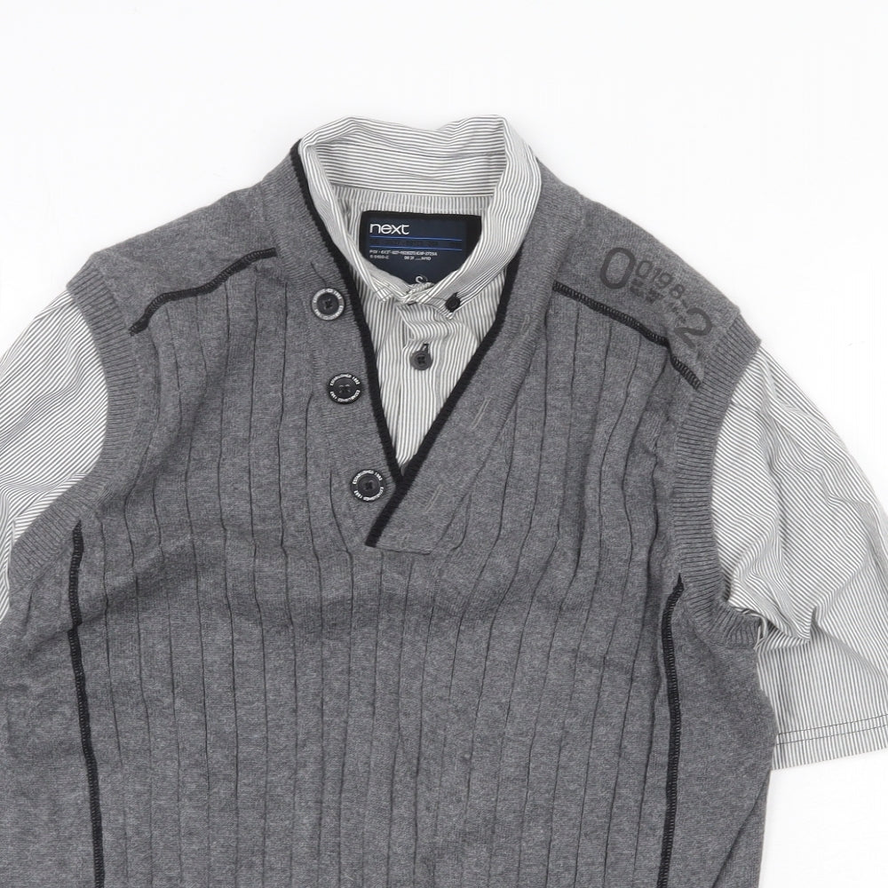 NEXT Mens Grey Collared Cotton Pullover Jumper Size S Short Sleeve