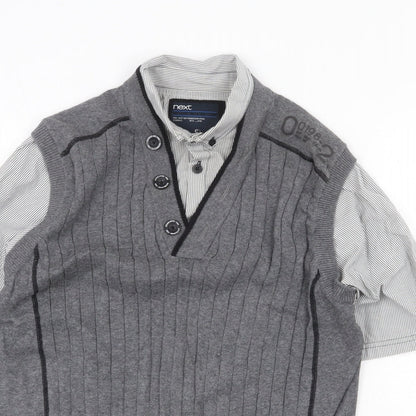 NEXT Mens Grey Collared Cotton Pullover Jumper Size S Short Sleeve