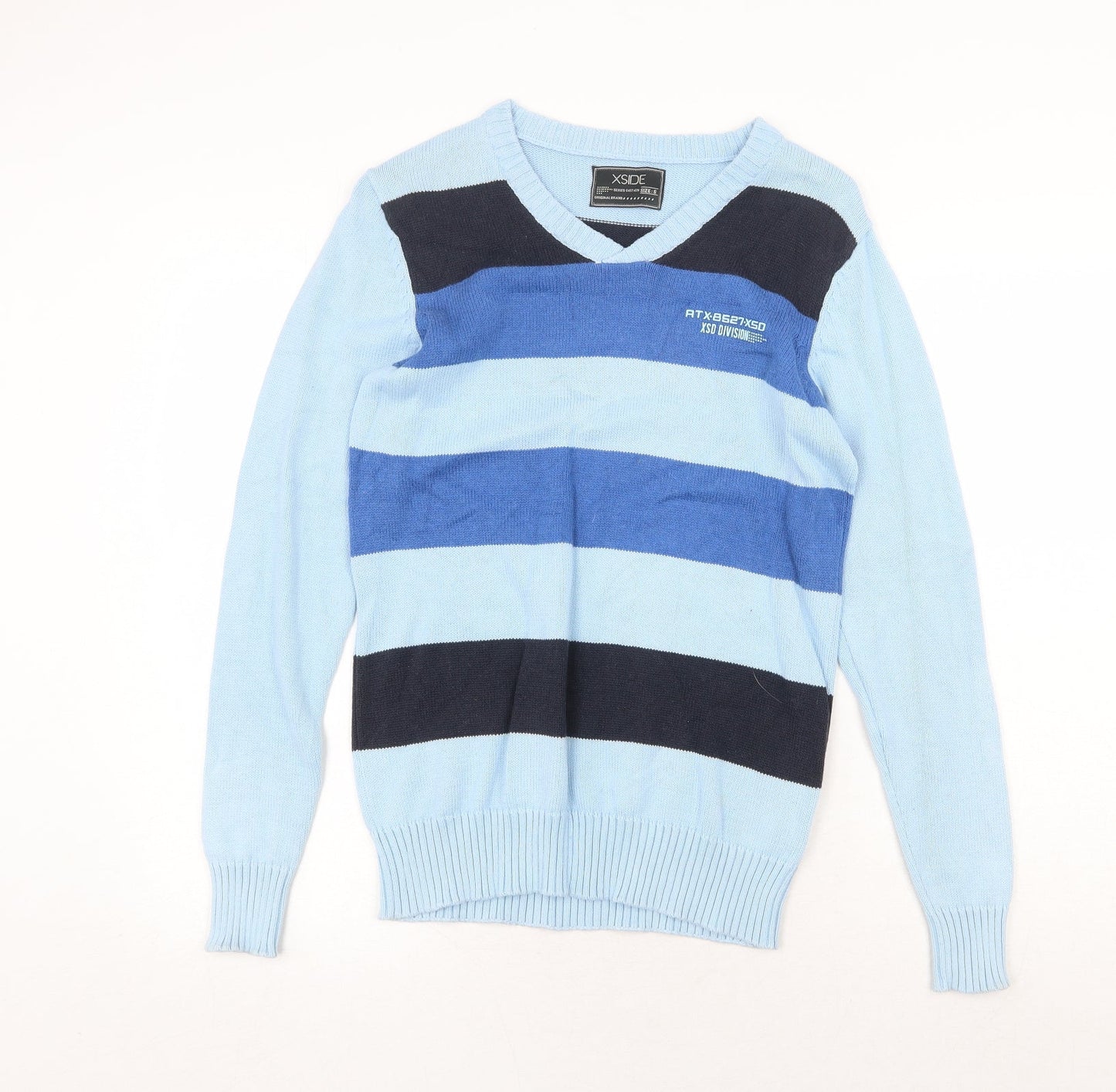 X Side Mens Blue V-Neck Striped Cotton Pullover Jumper Size S Long Sleeve