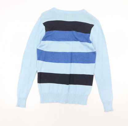 X Side Mens Blue V-Neck Striped Cotton Pullover Jumper Size S Long Sleeve