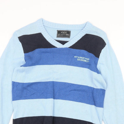 X Side Mens Blue V-Neck Striped Cotton Pullover Jumper Size S Long Sleeve