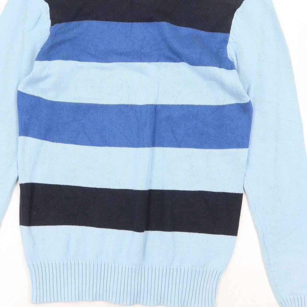 X Side Mens Blue V-Neck Striped Cotton Pullover Jumper Size S Long Sleeve