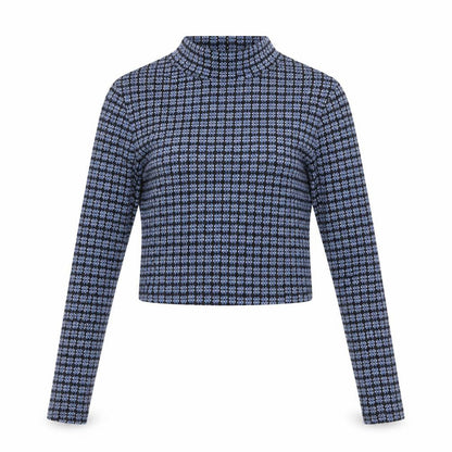 Topshop Womens Blue Geometric Polyester Cropped T-Shirt Size 6 Mock Neck