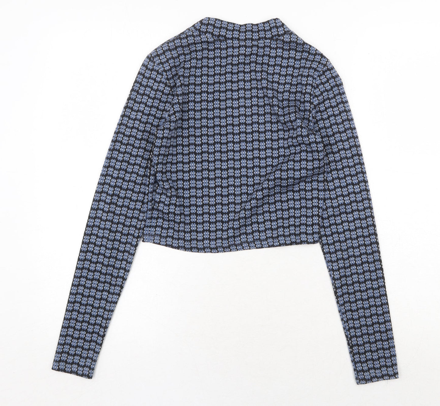 Topshop Womens Blue Geometric Polyester Cropped T-Shirt Size 6 Mock Neck