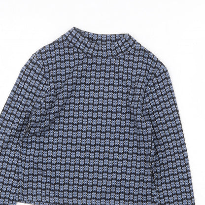 Topshop Womens Blue Geometric Polyester Cropped T-Shirt Size 6 Mock Neck