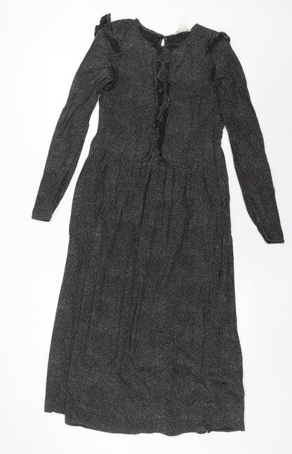 H&M Womens Black Geometric Viscose Trapeze & Swing Size 6 Round Neck Button