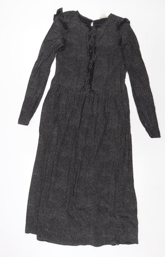 H&M Womens Black Geometric Viscose Trapeze & Swing Size 6 Round Neck Button