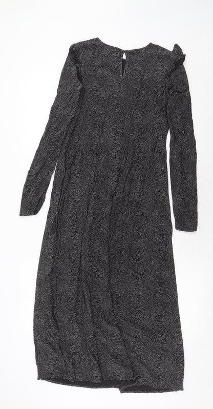 H&M Womens Black Geometric Viscose Trapeze & Swing Size 6 Round Neck Button