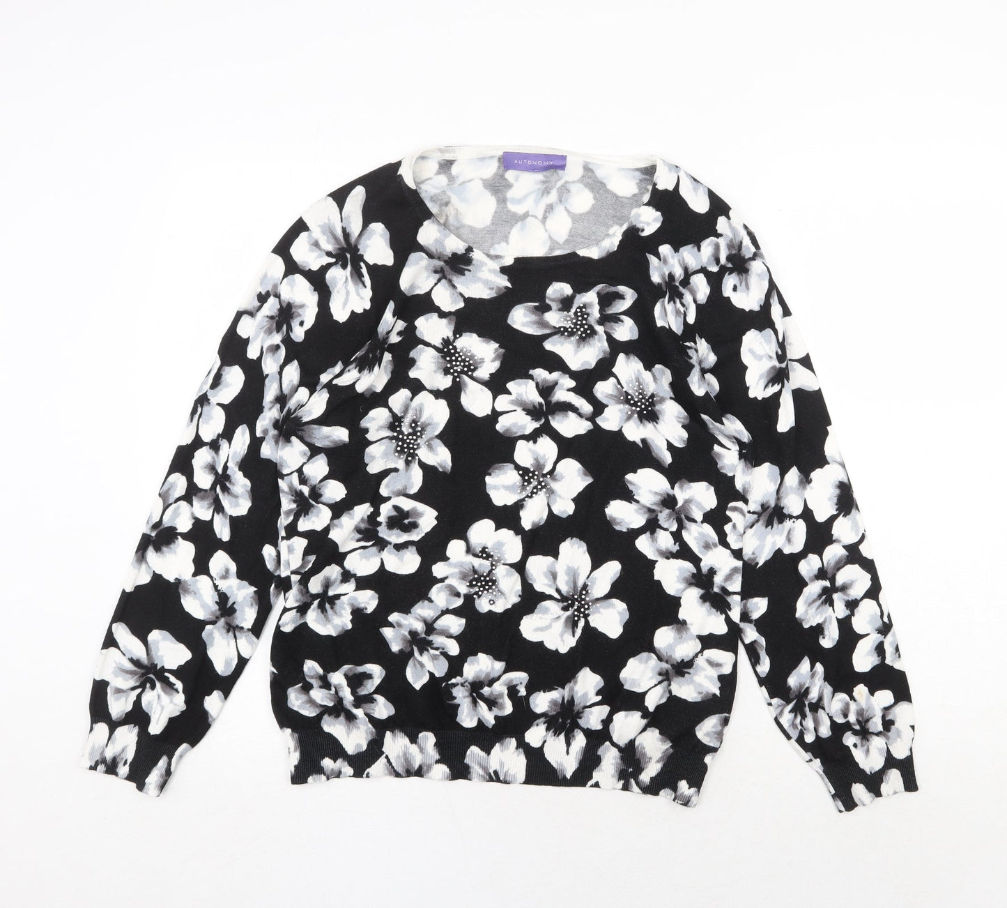 Autonomy Womens Black Round Neck Floral Viscose Pullover Jumper Size L