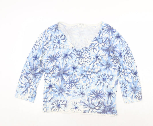 Kaliko Womens Blue V-Neck Floral Viscose Pullover Jumper Size 14