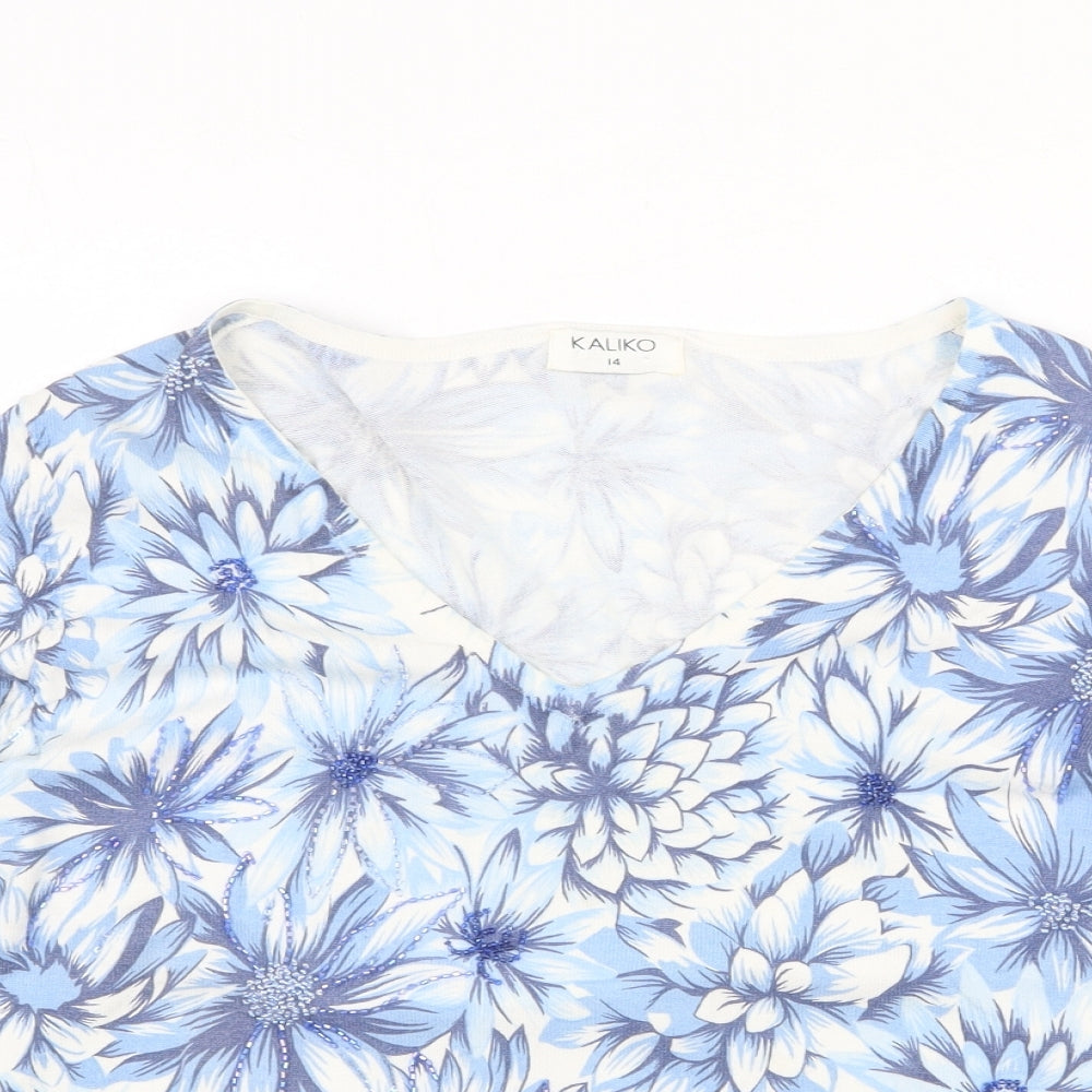 Kaliko Womens Blue V-Neck Floral Viscose Pullover Jumper Size 14