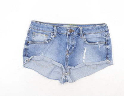 Topshop Womens Blue Cotton Hot Pants Shorts Size 10 Regular Zip